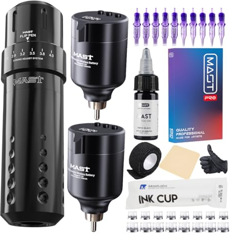 Mast Tattoo Maschine Set Flip kabellose Tätowiermaschine Rotary Tattoo Gun 7 Strokes Length 2Pcs Batteries Tattoo Nadeln für Anfänger und Tätowierer