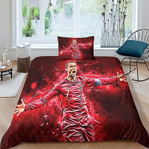 Cristiano Ronaldo Bettbezug 3D Druck Mit 2 Kissenbezug Bettwäsche Set,Mit Reißverschluss, Weich,Football Star Quilt Cover Atmungsaktive Mikrofaser,3-teiliges Set Für Männer Frauen Single(135x200cm)