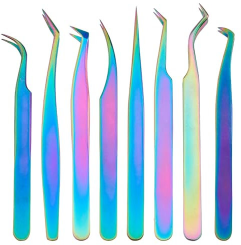 SUPERFINDINGS 8 Pz 8 Stili Pinzette per Extension Ciglia Kit di Clip per Pinzette per Ciglia Color Arcobaleno con Punta Dritta e Curva Pinzette per Ciglia Finte in Acciaio Inossidabile