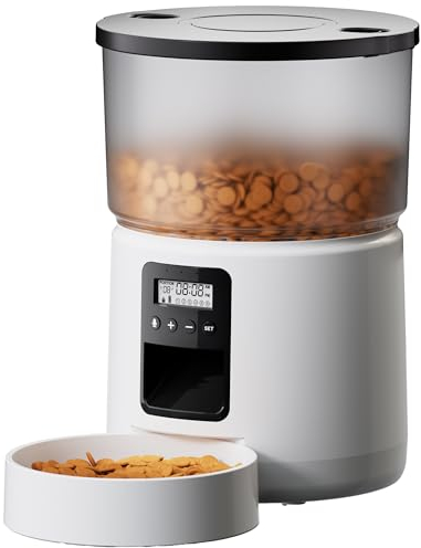 BEMOONY Distributeur Croquettes Chat Automatique, Distributeur Croquettes Chat avec Minuterie Programmable, 1-6 Repas par Jour, avec Appuyez sur Le Couvercle et Fonction D'Enregistrement 10s(Blanc)
