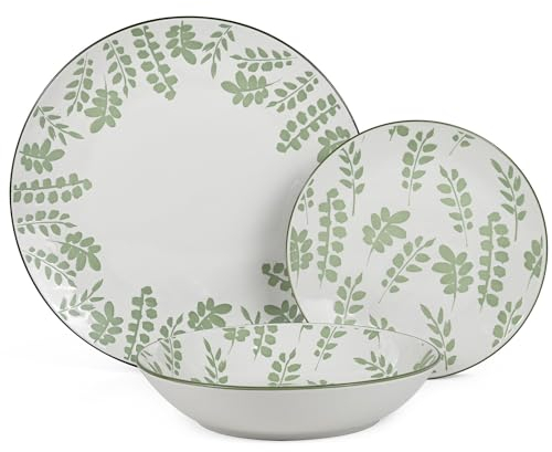 DRW Vajilla de 18 Piezas de Porcelana Blanca con Hojas en Verde 27x27x4 cm