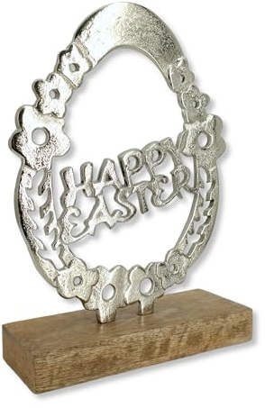 Holz und Metall Osterdeko Holz und Metall Osterei mit Schrift Happy Easter 18 x 25cm Osterdekoration Tisch-Deko Osterhase