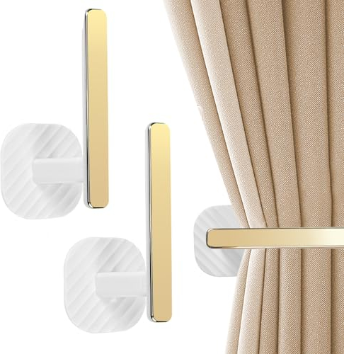 GIRAFEDA 2 Stück Vorhang Raffhalter L-förmige Vorhanghaken Gardinen Raffhalter Selbstklebende Vorhanghalterungen Wand Gardinenhalter Vorhänge Raffbügel Ohne Bohren für Haus Büro Gardinen (Golden)