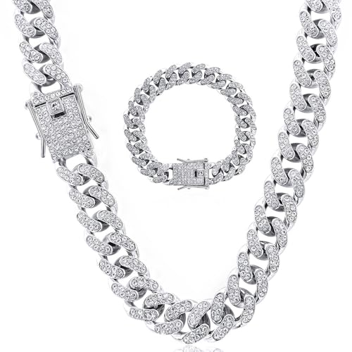VIRHWOEA Iced Out Kette für Herren Silber Cuban Link Choker Halskette Armband Set 12 mm Diamond Plattenkette Ketten für Herren Diamantkette Bling Hip Hop Schmuck Männer Frauen