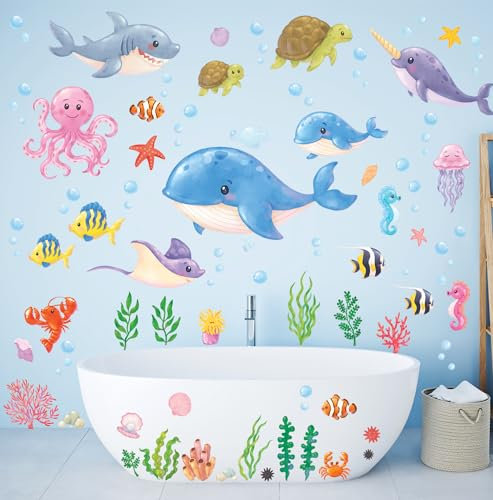 DECOWALL DS12-8081 Wandtattoo Unter dem Meer Fisch Wandaufkleber Unterwasserwelt Seetang Ozean Wandsticker Kinderzimmer Babyzimmer Badezimmer Wanddeko