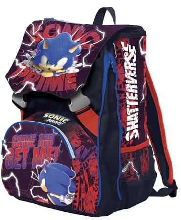 Seven Schulrucksack Sonic Prime erweiterbar – Rot Blau – Doppelter Rucksack mit Reißverschluss und Trinkflaschenhalter, Kinderrucksack, blau, Taglia unica, Rucksack Backpacks