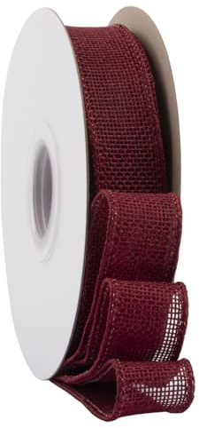 Ribbonitlux Nastro in juta bordeaux con bordo metallico, 25 mm x 18 metri, per confezioni regalo, fiocchi grandi, ghirlande e decorazioni natalizie