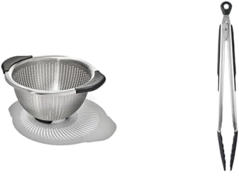 OXO Good Grips Stainless Steel 2.8L Colander, Metal & 1101980 Good Grips Locking Tongs with Silicone Heads, Black, 12 inch