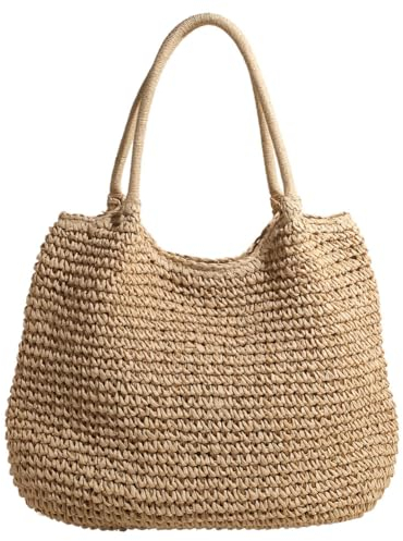 RuiDay Sac Paille Femme, Sac de Plage d'été Pour Femme, Sac à main Tissé à la main de Grande Capacité, Sacs en paille style bohème pour le Voyage, La Date et Les Vacances (Beige)