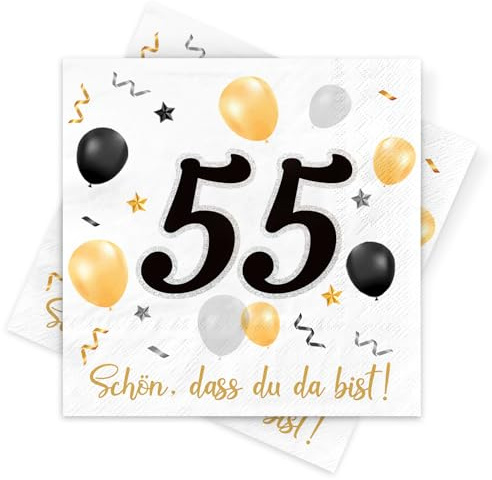 Servietten 55. Geburtstag, 30 Stück Schwarze Gold Geburtstags Servietten, Deko 55. Geburtstag Schön, dass Du da bist, 3-Lagig Papierservietten für Mann Frau Geburtstagfeier Jubiläum Tischdekoration