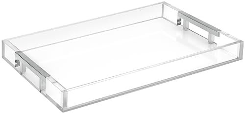 Modern 16x12 Rectangle Acrylic Lucite Plastic Decorative Serving Tray with Silver Stainless Steel Metal Handles for Home Decor Ottoman Coffee Table Food Fruits Lap Vanity Perfume by Home Redefined