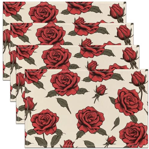 Rote Rosen Tischsets Floral Platzmatten Girly Romantische Blumen Tischmatten Rose Druck Themed wasserdichte Tischsets für Jungen Mädchen Kinder Teens Dekoration Indoor Outdoor,45Bx30L Set von 4