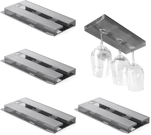 Geoyien Weinglashalter, 4 Stück Gläserhalter, Weinglashalter hängend, Weinglashalter, Hängende hohe Glashalter, keine Lochung erforderlich, starke Tragfähigkeit, platzsparend (Grau, 25,8*11*2,4 cm)