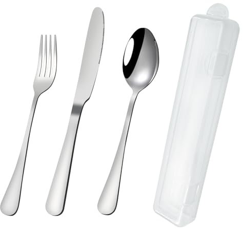 VANRA Set di posate da viaggio con valigia, set di posate portatili per il pranzo, in acciaio inox, da campeggio, riutilizzabile, 3 pezzi, forchetta, cucchiaio, coltello per lavoro, scuola, picnic,