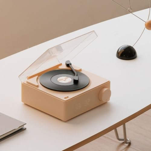 Schallplatten-Lautsprecher, kabelloser Lautsprecher, Wecker, Schallplattenspieler, Retro, Vinyl, Stereo, mit Plattenspieler-Wecker (Rosa)