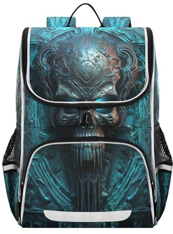 Linnyio Blauer Totenkopf Teufel Büchertasche, Studentenrucksack, Große Tasche für Mädchen Jungen
