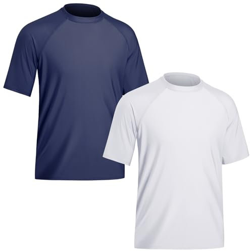 TIZAX 2 Piezas Camiseta Protección Solar Hombre con Manga Corta UPF 50+ Camiseta Anti UV Traje de Baño de Rashguard Camisa Deportiva Secado Rapido para Adultos Blanco+Azul Marino M