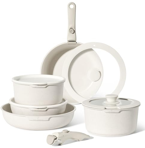 Just Perfecto Juego de utensilios de cocina antiadherentes con Mango Extraíble 11 Piezas, Menaje de Cocina con Tapas, Para Todo Tipo de Cocinas y Horno, apto Lavavajillas y Horno, Sin PFOA (Biege)