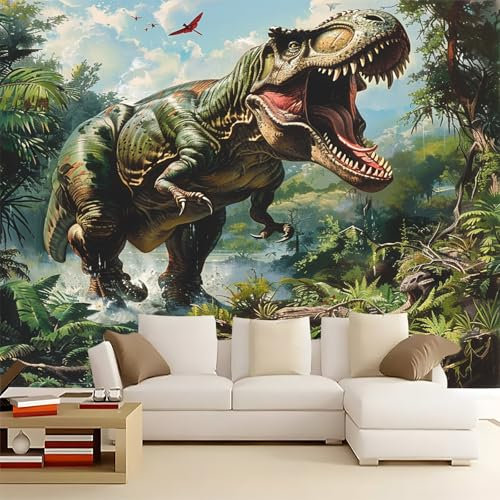 Papier Peint 3D Panoramique Jungle de Dinosaures D’Art Peint Intissé Murale Tapisserie Vert pour Salon Chambre Restaurant Couloir TV Fond Décor Mural 300x210cm