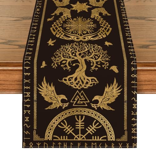 Artoid Mode Gold Wikinger Baum des Lebens Rabe Helm der Ehrfurcht Tischläufer, Saisonnal Tisch Dekoration Drinnen Urlaub Party Dekor 40x180 cm