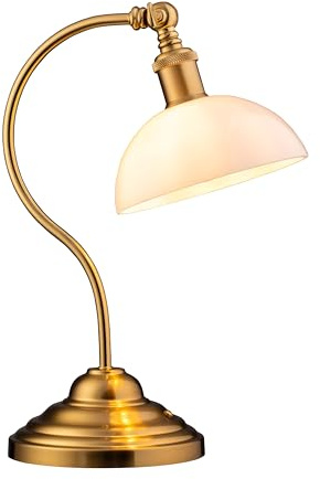 O'Bright Bankers - Cordless LED Table Lamp, Battery-Operated, Rechargeable, 3-Level Dimming, Universal USB-C Charging, 180° Swivel Head, White Jade Glass Shade, Antique Brass