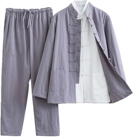 Chinesische Kampfkunst Kleidung,Tai Chi Kleidung, 3 - Tai Chi-Uniform aus Baumwollleinen, traditionelle chinesische Kleidung, Tang-Anzug, langärmelige Mantelhose, Zen-Meditationsuniform(Grey,3XL)