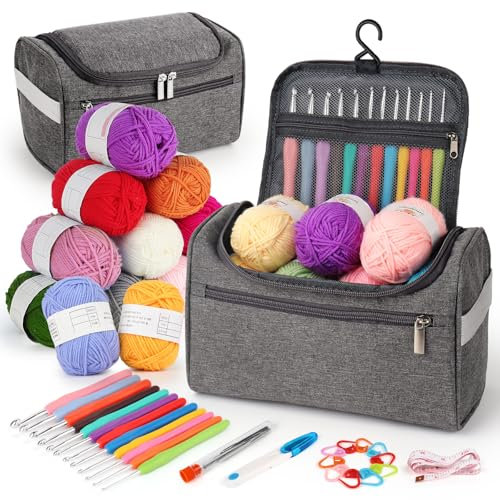 Aeelike Häkelset für Anfänger mit Häkelgarn, Nützliches Starter Häkeln für Anfänger, 2,0-8,0 mm Ergonomische Weicher Griff Häkelnadeln Set, Grau Häkeltasche, Häkelzubehör