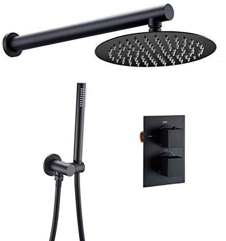 sjdoPulse Duschhahn-Set,Mattschwarz,Für Badezimmer,Wandmontage,Regendusche,Wasserhahn,Thermostatventil,Duschsystem,20,3–30,5 cm Duschkopf Mit Duschschlauch Für Familienbadezimm,Square,8 Inch