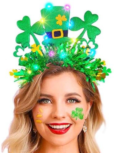 Evlry LED-Stirnband zum St. Patrick's Day, grüner Hut, Haarreif, leuchtendes Kleeblatt, Haarbänder, irische Party-Haaraccessoires für Frauen