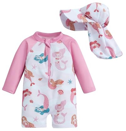 Toddler Baby Girl Swimsuit and Hat Zip Up Long Sleeve All in One Swimming Costume UV Sun Protection Swimwear One Piece Swimming Suit Rash Guard Sunsuit (Animal Mermaid Light Rose, 2-3 Years)