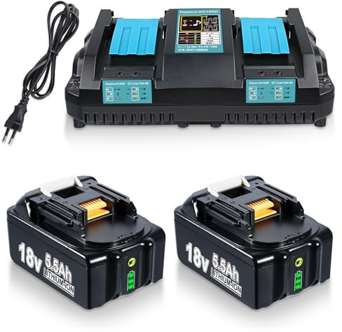 DASNITE BL1850B 5,5Ah 2X Ersatzakku für Makita 18V Akku & Dual Port Ladegerät für DC18RD Kompatibel mit Makita Akku 18V 5500mAh Li-Ion BL1860B BL1860 BL1850B BL1840B BL1830 with LED Werkzeugakku