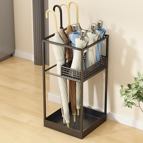 Shakub Regenschirmständer aus Metall 2 Slots,Cutout-Design Schirmständer Rechteckig,Schirmhalter für Gehstöcke & Regenschirme für Eingangsbereich Heim- und Bürodekoration,25x25x50 cm Schwarz