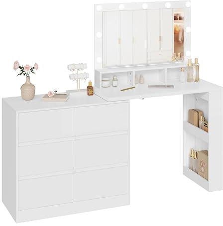 WOLTU Schminktisch mit Beleuchtung LED Spiegel, Kommode mit 6 Große Schubladen, Frisiertisch mit Seitenregal, 3 Offene Ablagen, Flexible Montage, Make up Tisch Holz für Schlafzimmer, Modern, weiß