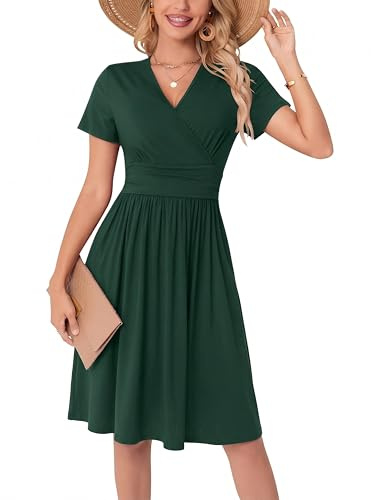WUWUSKY Women's Summer Dress V-Neck Short Sleeve Wrap Dresses Ladies midi Dress with Pockets
