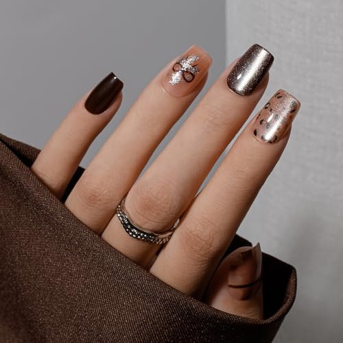 KQueenest Press On Nails Short Coffin, Brown Short False Nails with Glue, Bold Leopard Print Fake Nail Press ons with Sequins Checkered Floral Design, Reusable Gel Glue on Nails for Women 30 Pcs