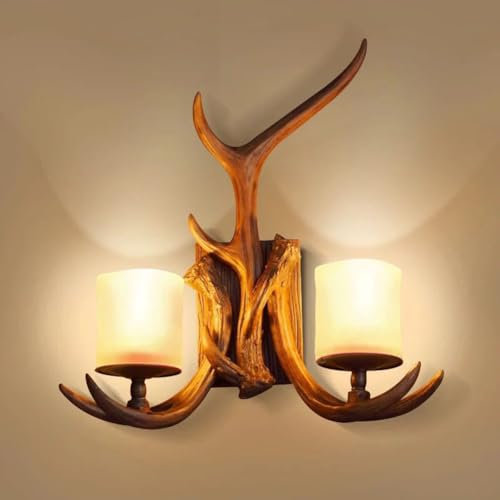 LOGT Retro Geweih Wandlampe 2 Flammig Vintage Innen Wandleuchten Harz Hirsch Hirschgewei Bettleuchte mit Glasschirm Kreative Rustikale Geweihlampe Beleuchtung Lichter E14 für Küche Hotel Bar