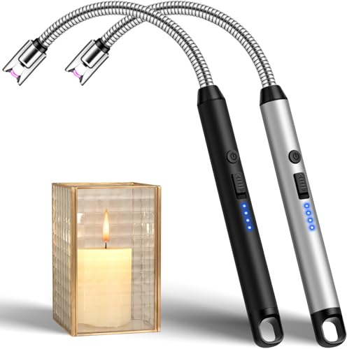 LcFun Stabfeuerzeug USB Aufladbar, Lichtbogen Feuerzeug Elektrisch mit Längerer Hals, Sicherheitsschloss, Typ C Aufladbar Plasma Feuerzeug Kerzenanzünder für Küche, Kamin, Feuerwerk (Schwarz+Silber)