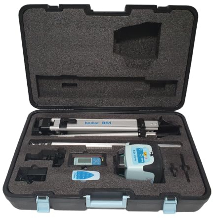 hedue® Rotationslaser Q3 - Baulaser selbstnivellierend mit zwei Laserklassen (II & 3R), Rotationslaser mit Empfänger E4, Fernbedienung, 2 m Messlatte, Stativ und Ladegerät, im großen Koffer