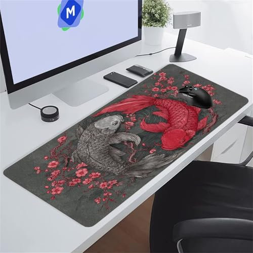 Koi Fleurs Roses Tapis de Souris de Jeu 1500x800x2 mm Grand Tapis de Souris Gaming sous-Main Bureau Gamer Large avec Base Antidérapante Tapis de Clavier Lavable pour Gamer PC