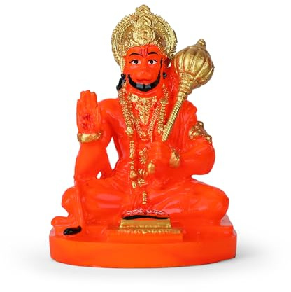 4OUR FAITH Orange Color Handmade Bajrang Bali Lord Hanuman Idol | Hindu Monkey God Idol | Idol for Car, Office and Home Decor | 8 cms | Gifting Purpose (Lord Hanuman Statue) – Pack of 1