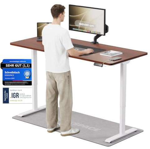 DESKSPACE PRO Elektrisch höhenverstellbarer Schreibtisch (180x80 cm) | Bürotisch mit Kollisionsschutz, Memory-Funktion, USB-Anschluss, 10 Jahre Garantie (Gestell weiß, Tischplatte Mahagoni)