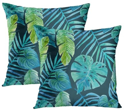 WWOOPLL Set of 2 Cushion Covers 45x45cm, Watercolor Greenery Tropical Plants Home Decor Pillowcases Throw Cushions Pillow Covers for Living Room Sofa Couch Bed, 18x18 Inch