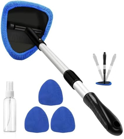 Car Windscreen Cleaner Tool, Telescopic Handle Car Cleaning Kit with 4 Reusable Microfiber Pads, Auto Windshield Cleaner for Interior Exterior Glass