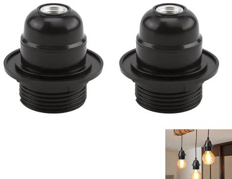2 PCS E27 Lamp Holder, Edison Screw Lamp Holder, Black Bakelite Lamp Fitting with Shade Ring, 10mm Threaded Entry, Safety Lock, DIY Table Lamp Pendant Fitting for Vintage Retro LED & Halogen Bulbs