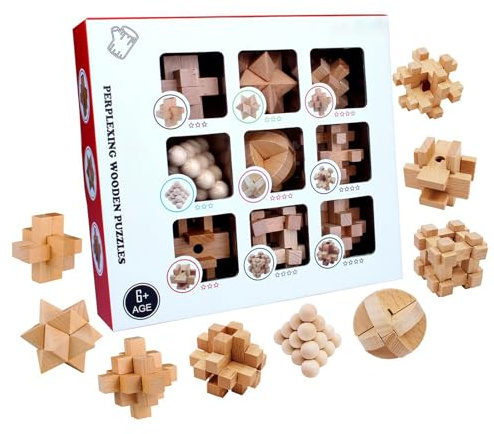 9Pcs 3D Wooden Brains Teasers Puzzle Assembling Locks Toy Development Learning Toy Boy and Girls Assembling Locks Puzzle Game