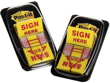 Post-it Printed Message Flags, Sign Here, 1 Inch Yellow, 12 Dispensers of 50 Flags