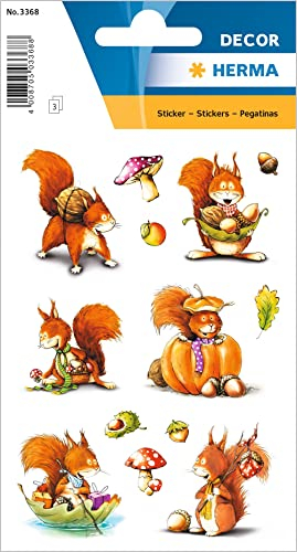 HERMA 3368 Aufkleber Eichhörnchen klein groß, 42 Stück, Tiere Sticker mit Herbst Motiv, Kinder Etiketten für Fotoalbum Tagebuch Poesiealbum Scrapbooking Geburtstag Dekoration Briefe DIY Basteln