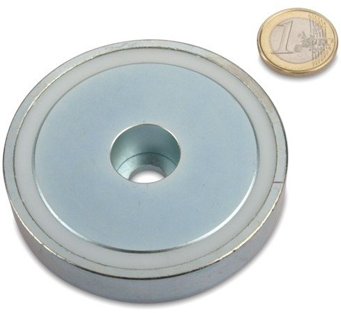 magnets4you Pinza piatta al neodimio, diametro 75,0 x 18,0 mm, con foro per 155 kg, magnete in acciaio zincato, magnete da avvitare