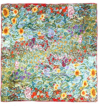 Aqueena Seidenschals für Damen, quadratischer Seidenschal für Haare, 100% reine Seide, Kopftuch für Frauen, handrollende Kante, 89,9 x 89,9 cm, Gustav Klimts Bauerngarten mit Sonnenblumen, 35''x35''