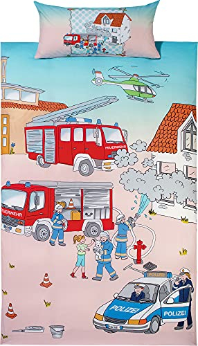 Erwin Müller Kinder-Bettwäsche, Bettgarnitur Polizei und Feuerwehr Renforcé bunt Größe 40x80 cm / 135x200 cm - temperaturausgleichend, strapazierfähig, mit praktischem Reißverschluss